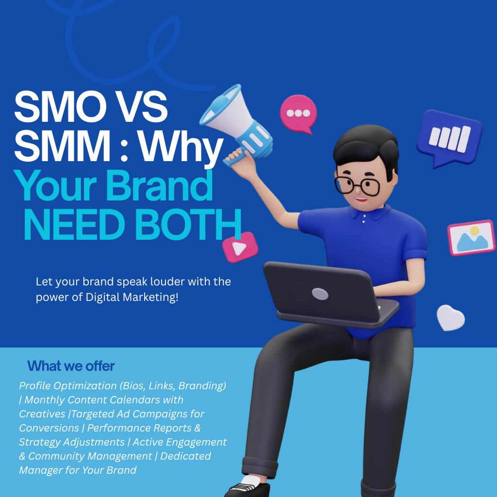 Illustration of a digital marketer holding a megaphone and working on a laptop, promoting SMO vs SMM for brand growth in digital marketing.